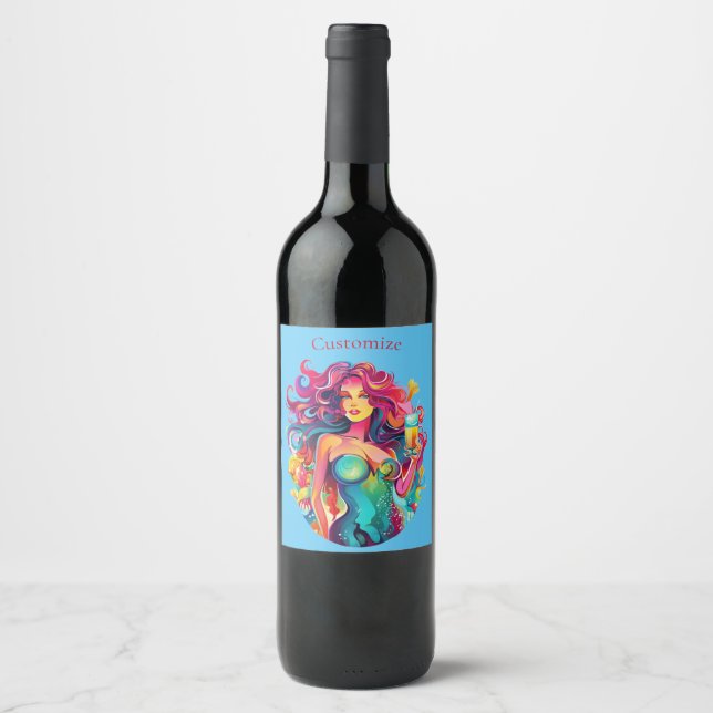 Rainbow-haired Mermaid With Cocktail  Wine Label (Front)