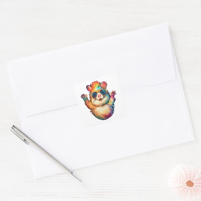 Rainbow Hamster Peace Vibes Square Sticker (Envelope)