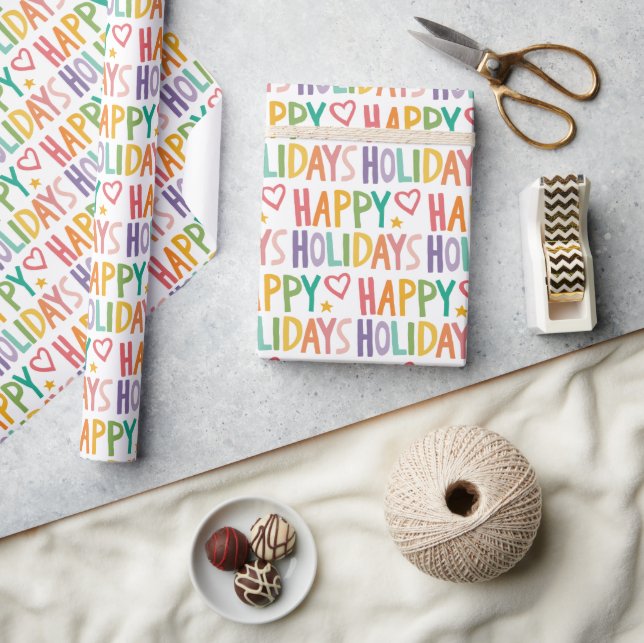 Rainbow Hand-Drawn Christmas HAPPY HOLIDAYS  Wrapping Paper (Crafts)