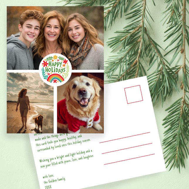 Rainbow Hand-Drawn Cute Holiday CUSTOM 3 PHOTO Postcard (Rainbow Hand-Drawn Cute Holiday CUSTOM 3 PHOTO Christmas Postcard
)