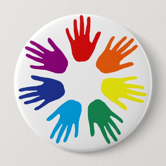 Rainbow hands 10 cm round badge (Front)