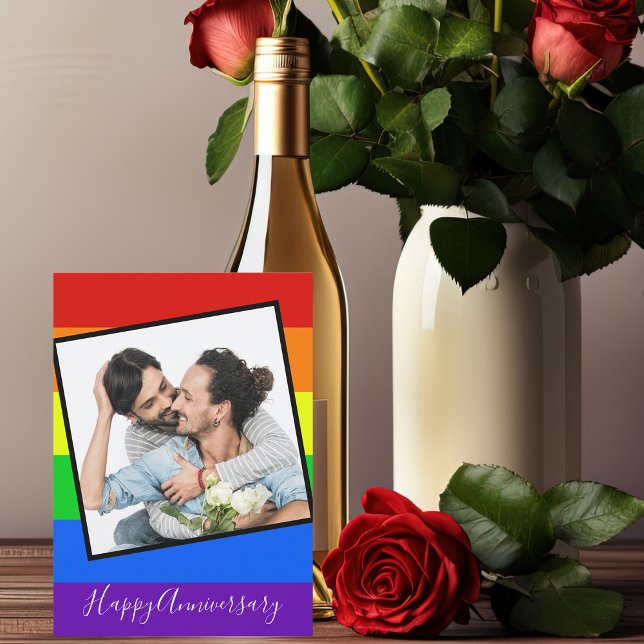 Rainbow Happy Anniversary Gay Couple Photo Custom Card (Creator Uploaded)