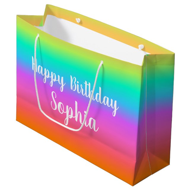 Rainbow Happy Birthday Custom Name Large Gift Bag (Front Angled)