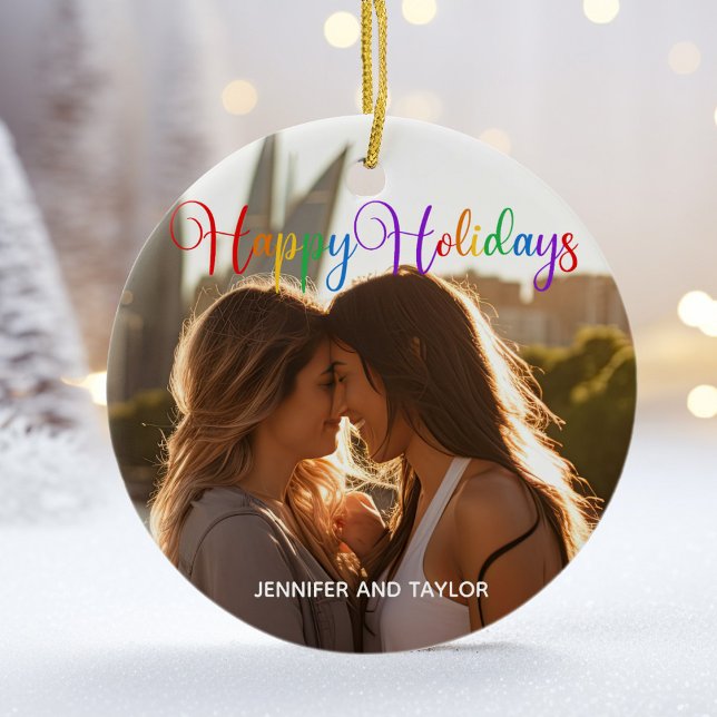 Rainbow Happy Holidays LGBTQ Couple Photo Ceramic Tree Decoration (Creator Uploaded)