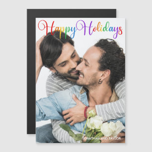 Rainbow Happy Holidays LGBTQ Couple Photo Magnet