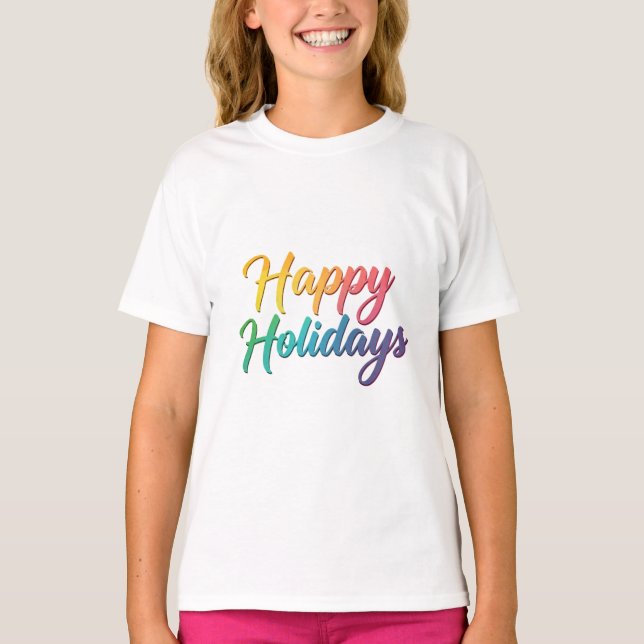 Rainbow Happy Holidays Text Graphic T-Shirt (Front)