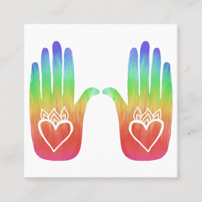 Rainbow Healing Hands Hearts Square Business Card (Front)