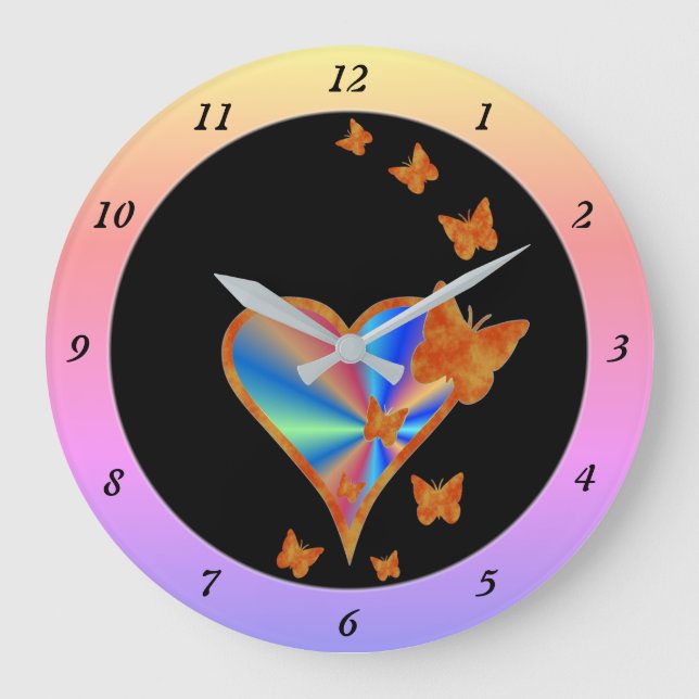 Rainbow Heart and Butterfly Large Clock (Front)
