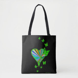 Rainbow heart and Butterfly on black Tote Bag