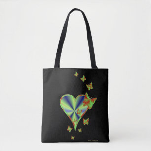 Rainbow heart and Butterfly on black Tote Bag