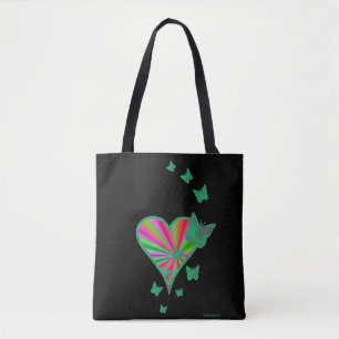 Rainbow heart and Butterfly on black Tote Bag