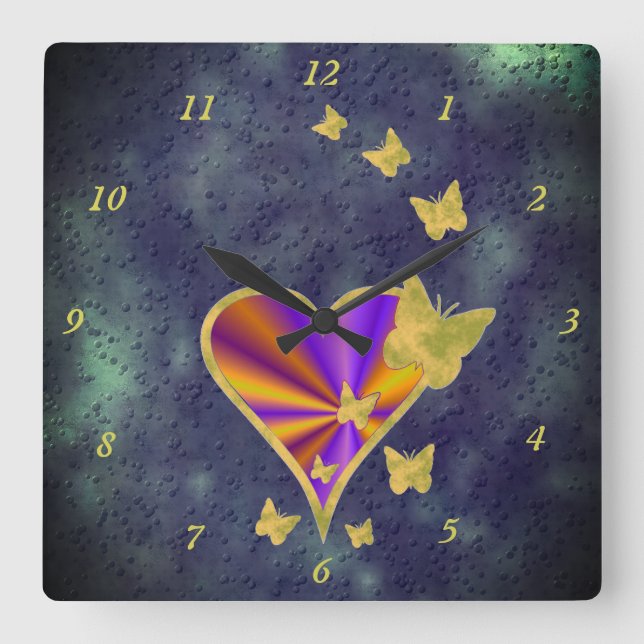 Rainbow Heart and Butterfly Square Wall Clock (Front)