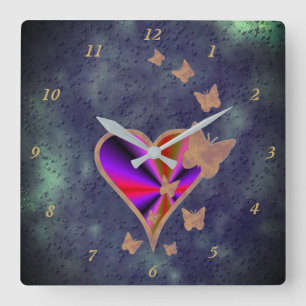 Rainbow Heart and Butterfly Square Wall Clock