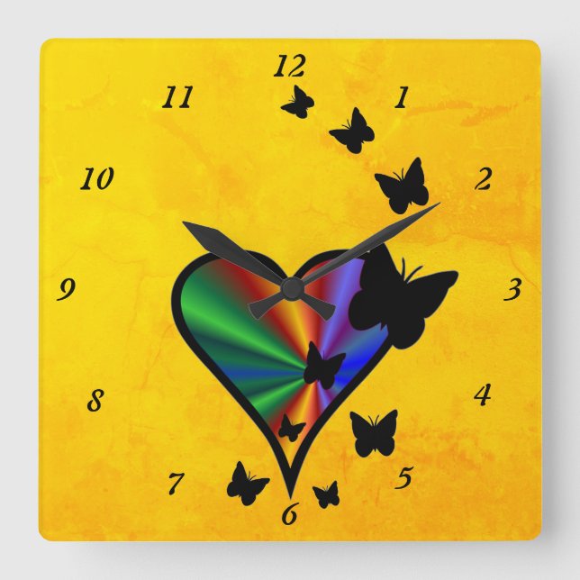 Rainbow Heart and Butterfly Square Wall Clock (Front)
