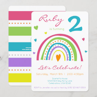 Rainbow & Heart Colourful Boho Little Girl Birthda Invitation