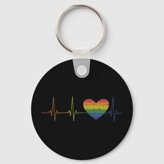 Rainbow heart flag heartbeat pride month awareness key ring (Front)