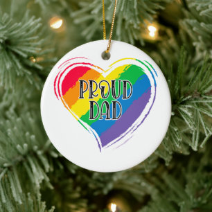 Rainbow Heart Flag Proud Dad LGBT Gay Pride Month Ceramic Tree Decoration