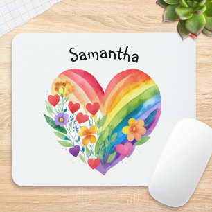 Rainbow Heart Flowers Watercolor Custom Name Mouse Pad