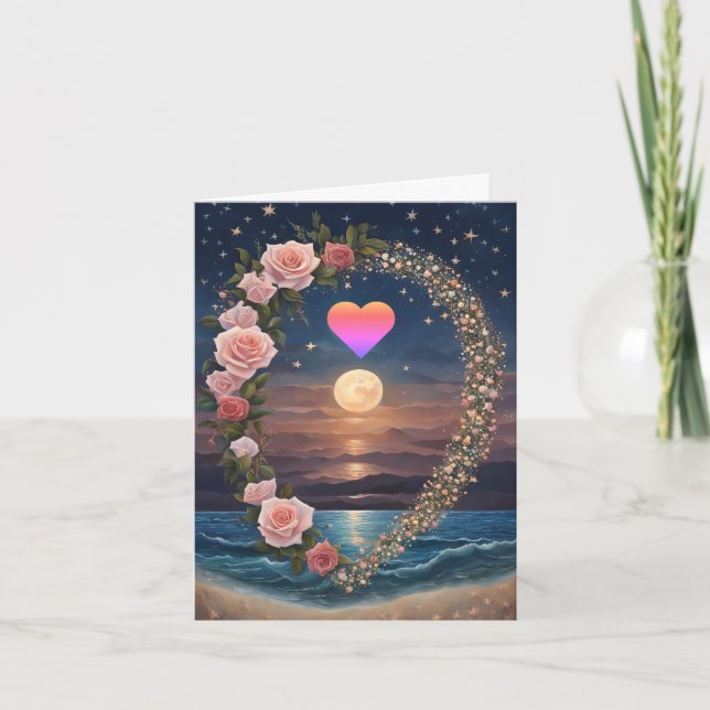 Rainbow Heart Full Moon Rose Wreath Valentine Holiday Card (Front)