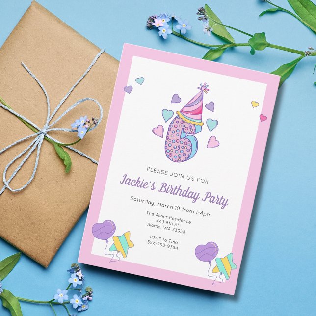 Rainbow Heart Girls 6th Birthday Party Invitation  (Creator Uploaded)