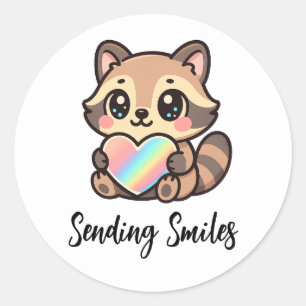 Rainbow Heart Happy Kawaii Racoon Sending Smiles Classic Round Sticker