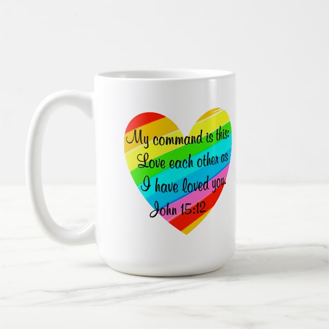 RAINBOW HEART JOHN 15:12 DESIGN COFFEE MUG (Left)