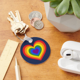 Rainbow Heart LGBTQ Pride on Navy Blue Key Ring
