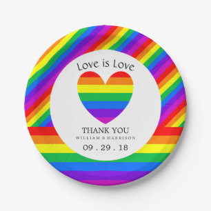 Rainbow Heart Love is Love Wedding Paper Plate