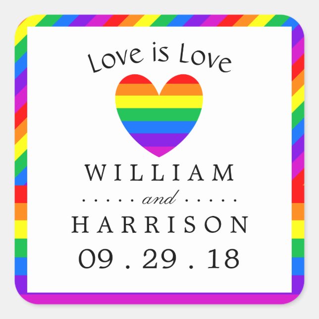 Rainbow Heart Love is Love Wedding Square Sticker (Front)