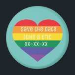 Rainbow Heart Magnet<br><div class="desc">This magnet features a rainbow heart containing the words,  "Save the date" and a template for the couple's first names and date event. Show your true colors,  support marriage equality and celebrate gay pride.</div>