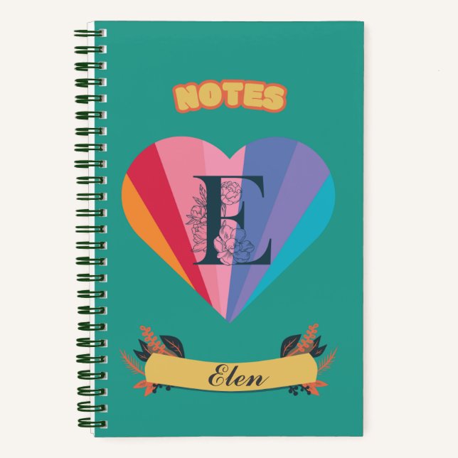 Rainbow Heart Notebook - Personalised Initial E (Front)