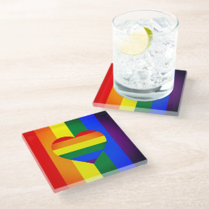 Rainbow Heart & Pride Rainbow Flag /LGBT community Glass Coaster