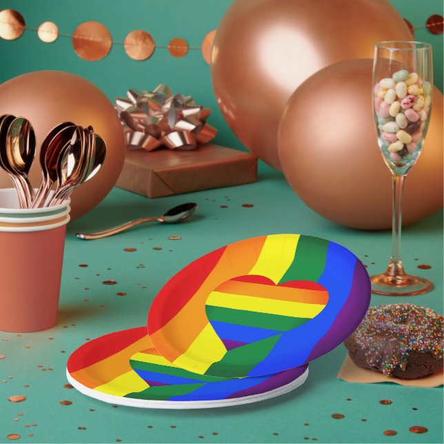 Rainbow Heart & Pride Rainbow Flag /LGBT community Paper Plate (Multi)