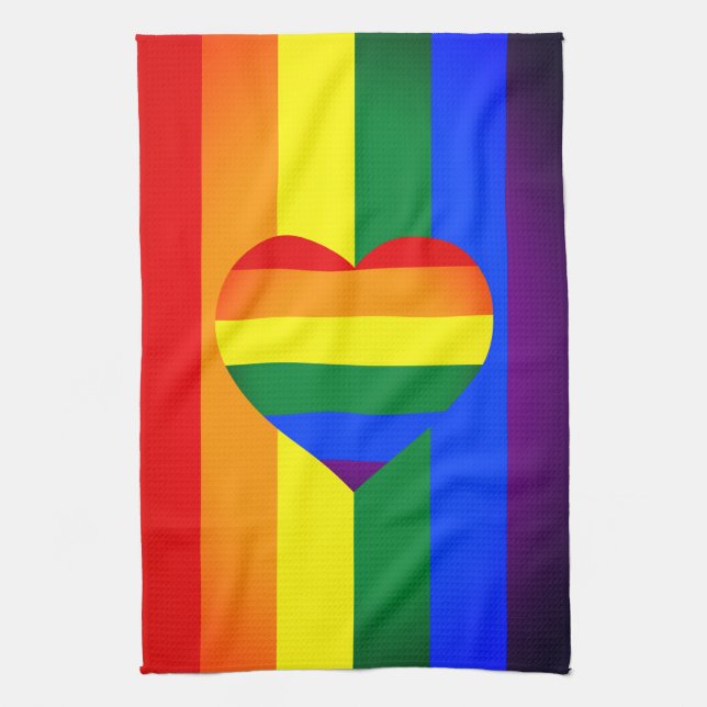 Rainbow Heart & Pride Rainbow Flag /LGBT community Tea Towel (Vertical)