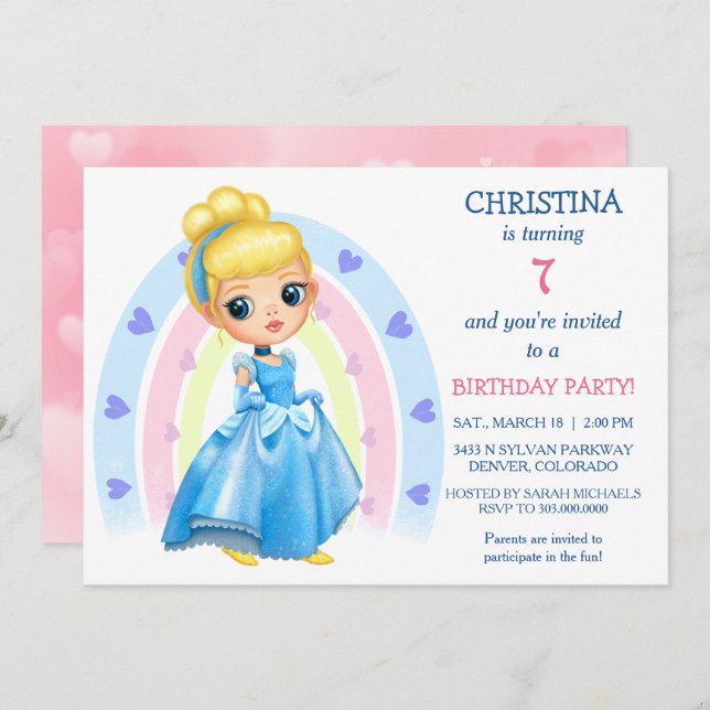 Rainbow Heart Princess Birthday Party Invitation (Front/Back)