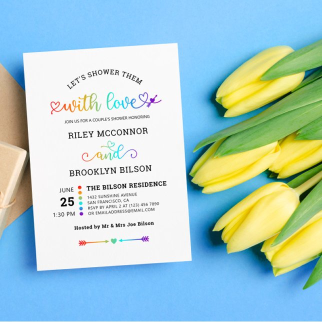 Rainbow Heart Script Cute LGBT Couple's Shower Invitation (Creator Uploaded)