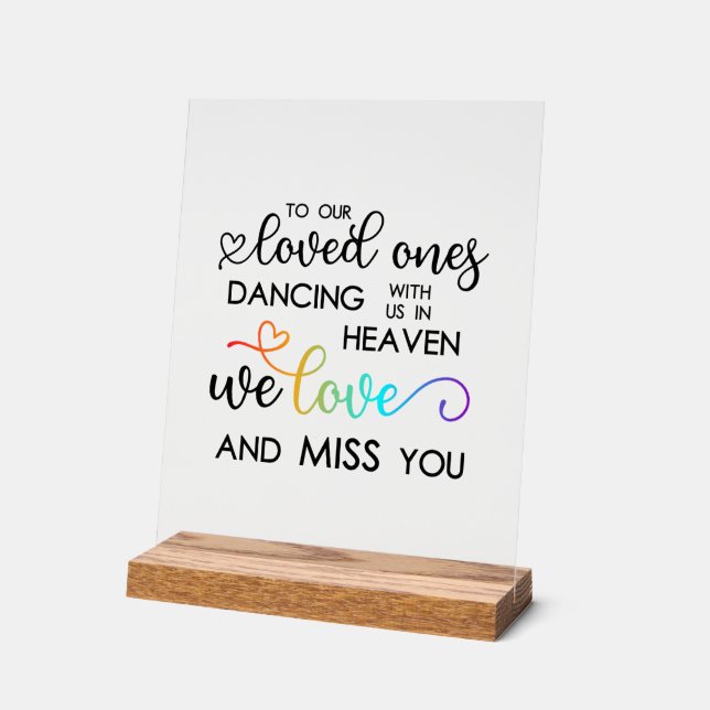 Rainbow Heart Script Dancing In Heaven Wedding Acrylic Sign (Angle)