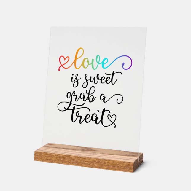 Rainbow Heart Script Love Is Sweet Favour Acrylic Sign (Angle)