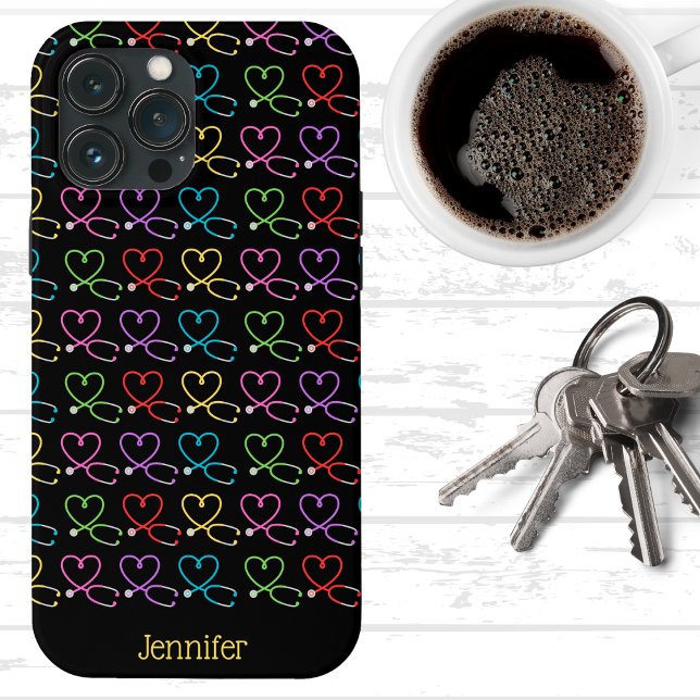 Rainbow Heart Stethoscope Monogram  iPhone Case (Creator Uploaded)