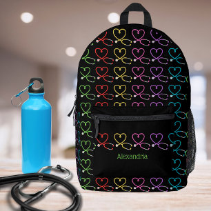 Rainbow Heart Stethoscope Monogram Printed Backpack