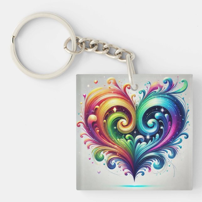Rainbow Heart Swirling Bright Colours  Key Ring (Front)