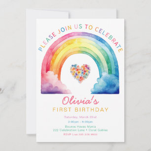 Rainbow Heart Watercolor 1st Birthday Invite