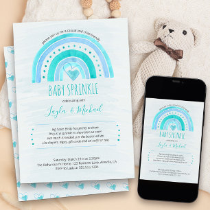 Rainbow Heart Watercolor Wash Blue Baby Sprinkle Invitation