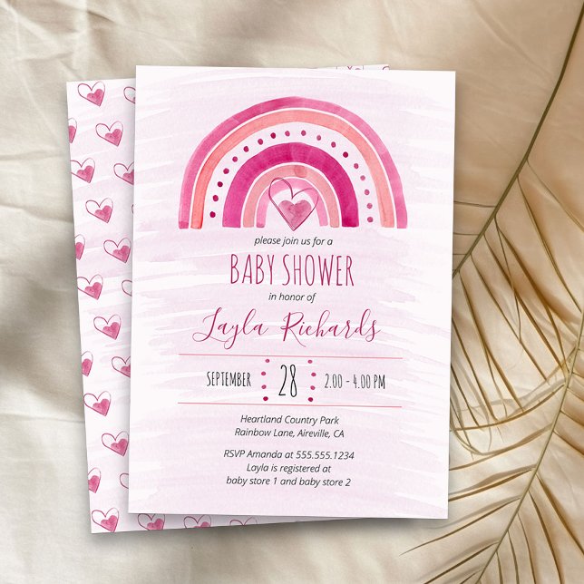 Rainbow Heart Watercolor Wash Pink Baby Shower Invitation (Pink Rainbow girl baby shower  invitation)