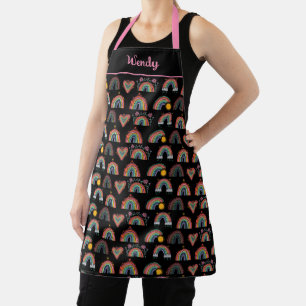 Rainbow Heart Whimsical Colourful Dreamy Black Apron