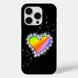 Rainbow Heart with Stars on black iPhone 15 Pro Case