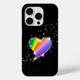 Rainbow Heart with Stars on black iPhone 15 Pro Case