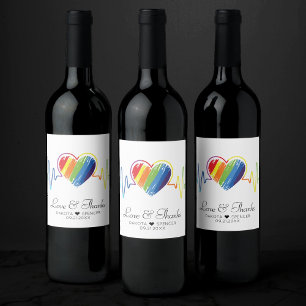 Rainbow Heartbeat Abstract Scribble Heart Napkin Wine Label