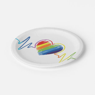 Rainbow Heartbeat Abstract Scribble Heart Paper Plate