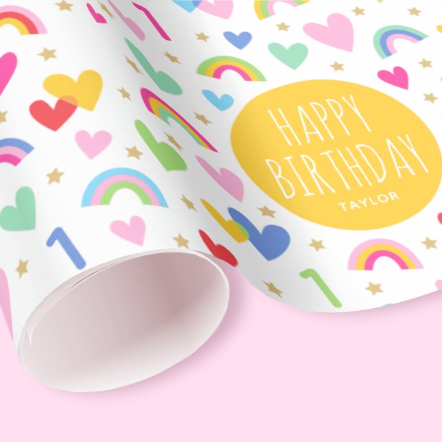 Rainbow Hearts 1st Birthday Custom Name Yellow Wrapping Paper (Creator Uploaded)